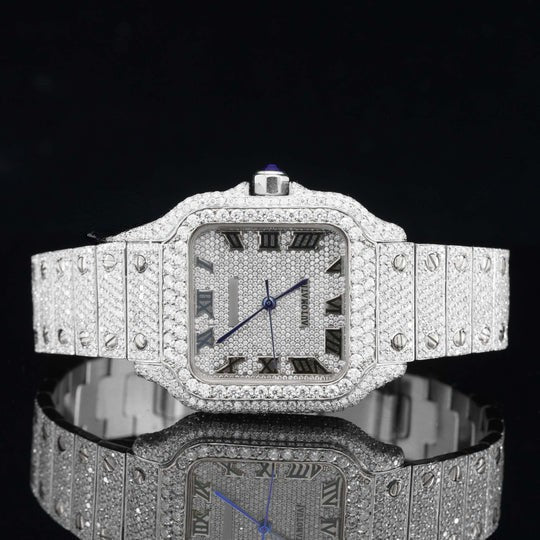 Cartier Style Fully Iced Out Automatic Moissanite Diamond Wrist Watch
