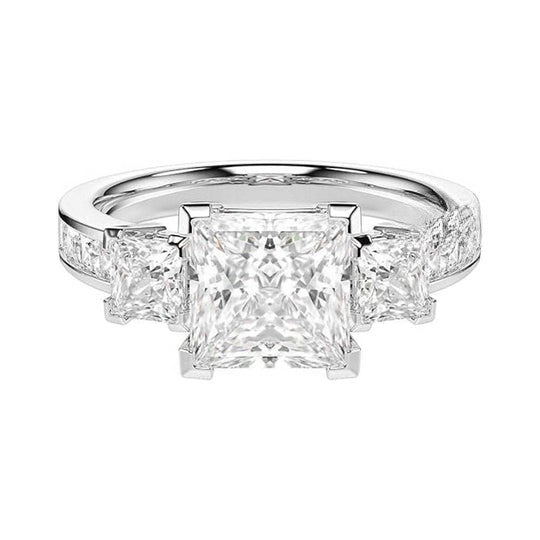 Three Stone and Halo Pattern Princess Cut Moissanite Diamond