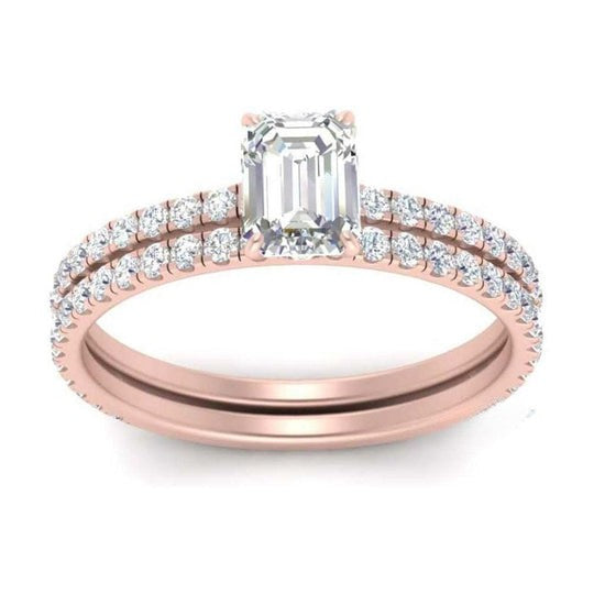 Emerald Shape Moissanite Diamond Hidden Halo Pattern Eternity Ring