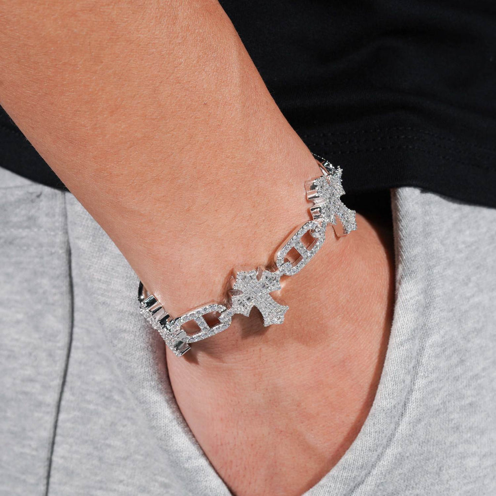 10MM Moissanite Cross Mariner Gucci Link Bracelet 14K Gold
