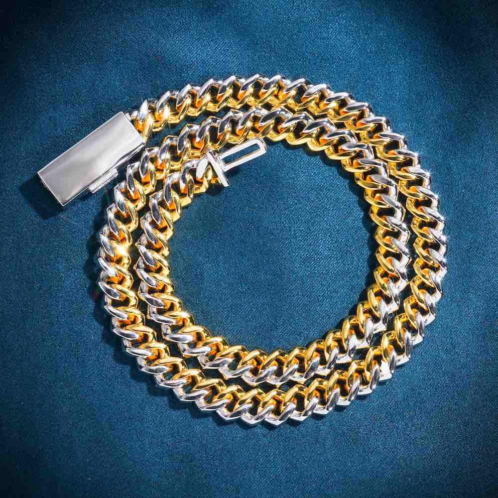 10MM Split Two Tone Moissanite Cuban Link Chain 14K Gold