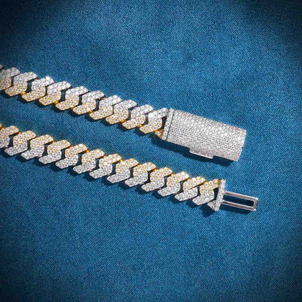 10MM Split Two Tone Moissanite Cuban Link Chain 14K Gold