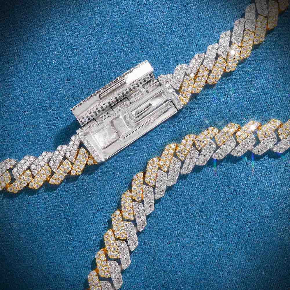 10MM Split Two Tone Moissanite Cuban Link Chain 14K Gold