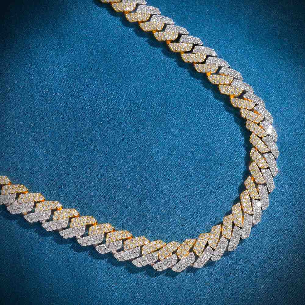 10MM Split Two Tone Moissanite Cuban Link Chain 14K Gold