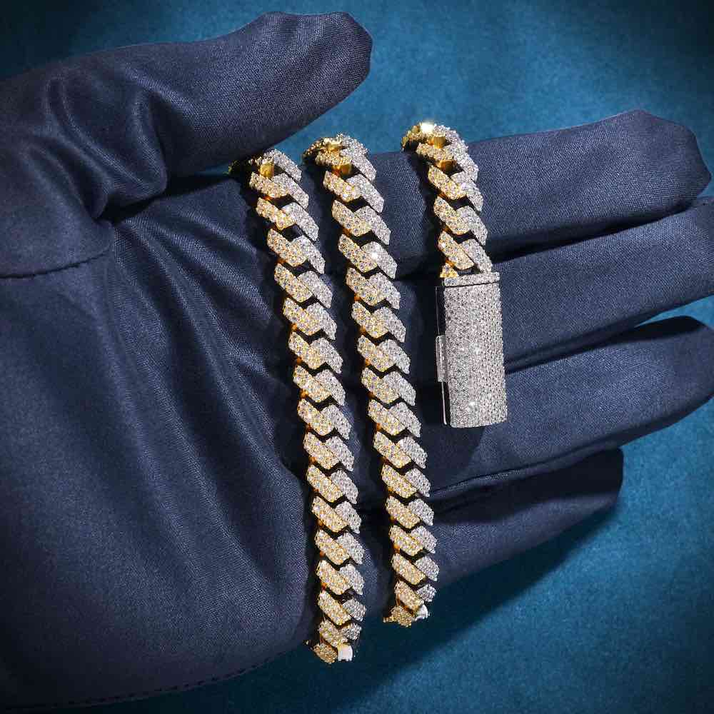 10MM Split Two Tone Moissanite Cuban Link Chain 14K Gold