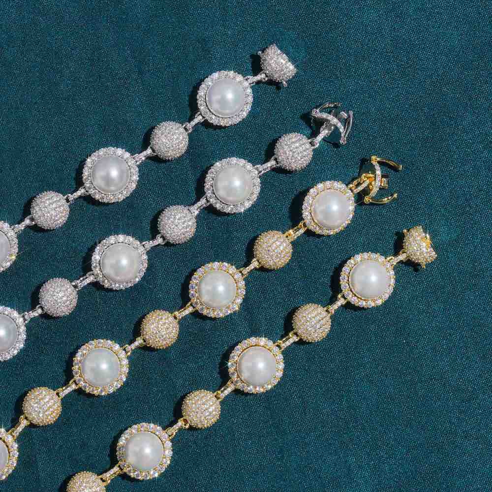 10MM Moissanite Ball Link Pearl Chain 14k Gold