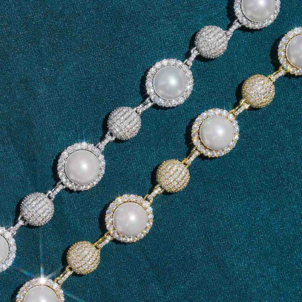 10MM Moissanite Ball Link Pearl Chain 14k Gold