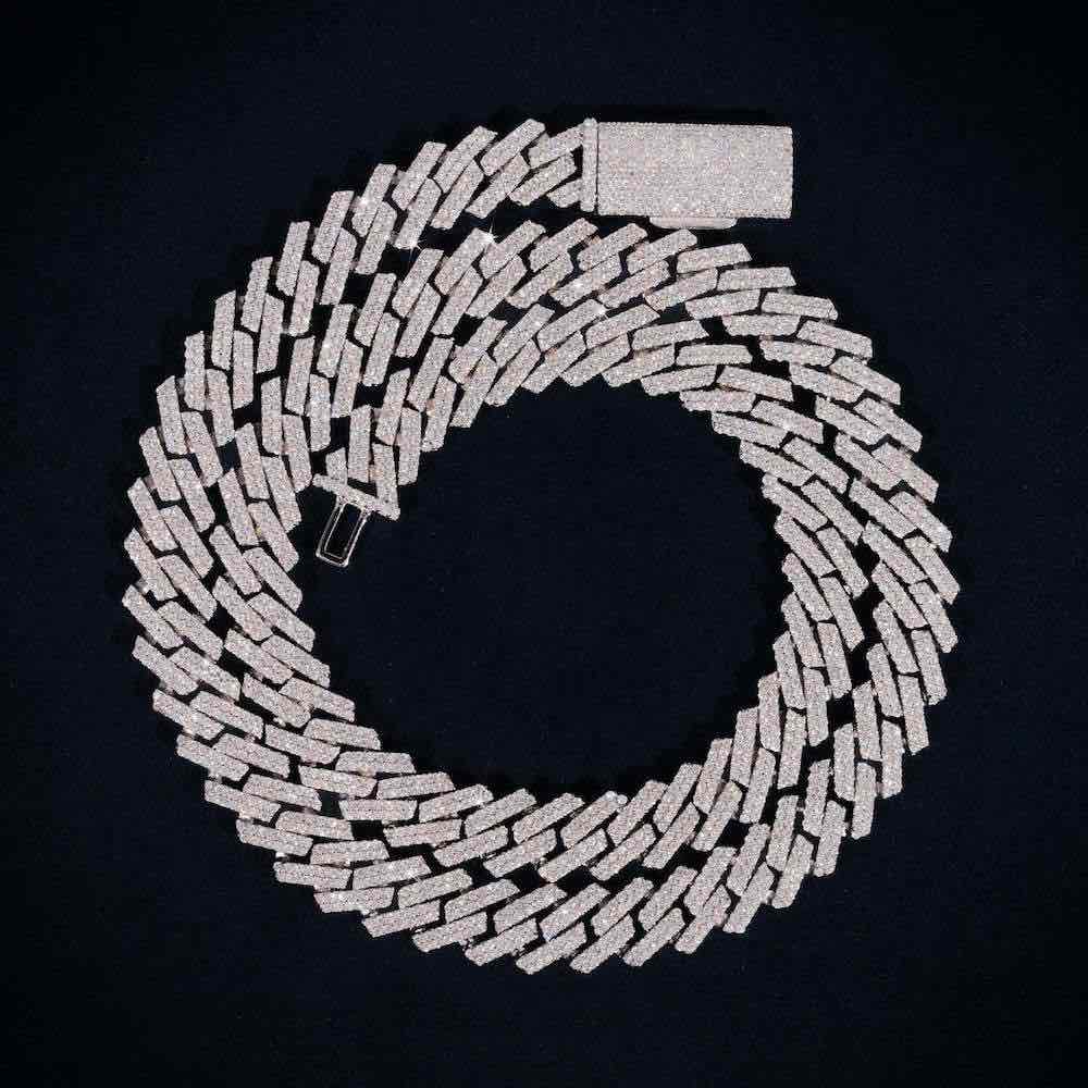 2-Row 12MM Moissanite Prong Cuban Link Chain 14K Gold