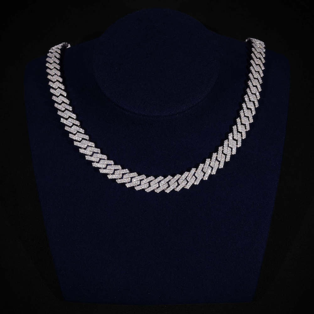 2-Row 12MM Moissanite Prong Cuban Link Chain 14K Gold