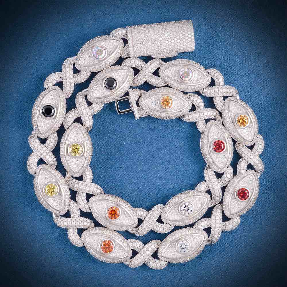 15MM Iced Out Multi Gemstone Evil Eye Eternity Chain 14K Gold