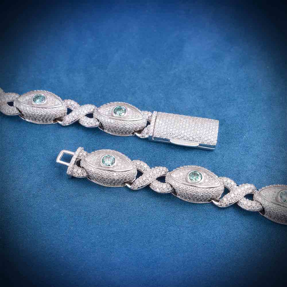 15MM Iced Out Blue Gemstone Evil Eye Eternity Chain 14K Gold