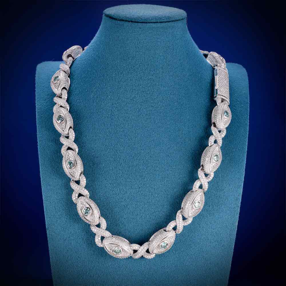 15MM Iced Out Blue Gemstone Evil Eye Eternity Chain 14K Gold