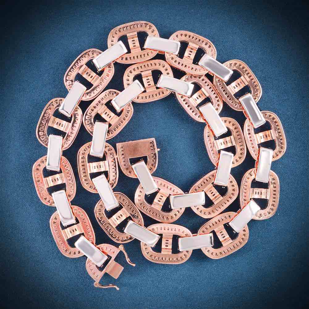 15MM Two Tone Baguette Iced Out Mariner Link Chain 14K Gold