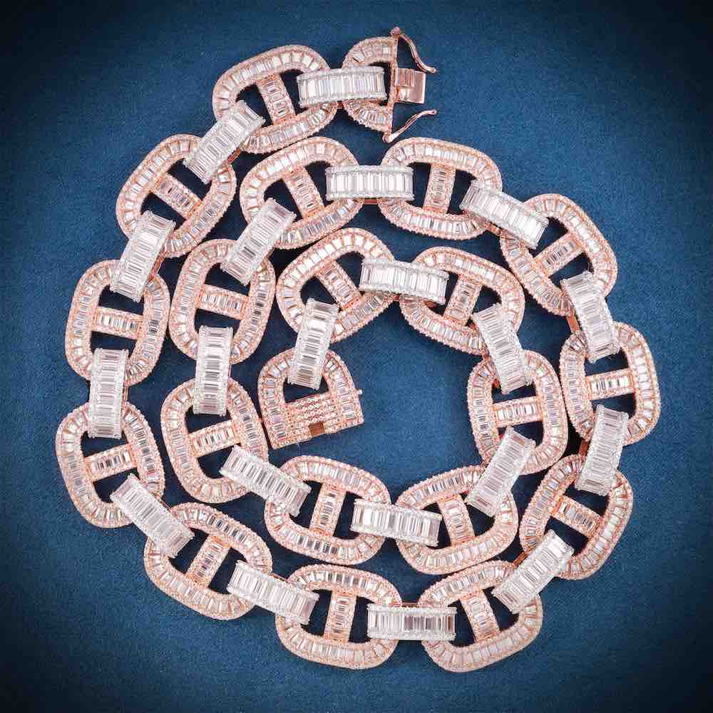 15MM Two Tone Baguette Iced Out Mariner Link Chain 14K Gold
