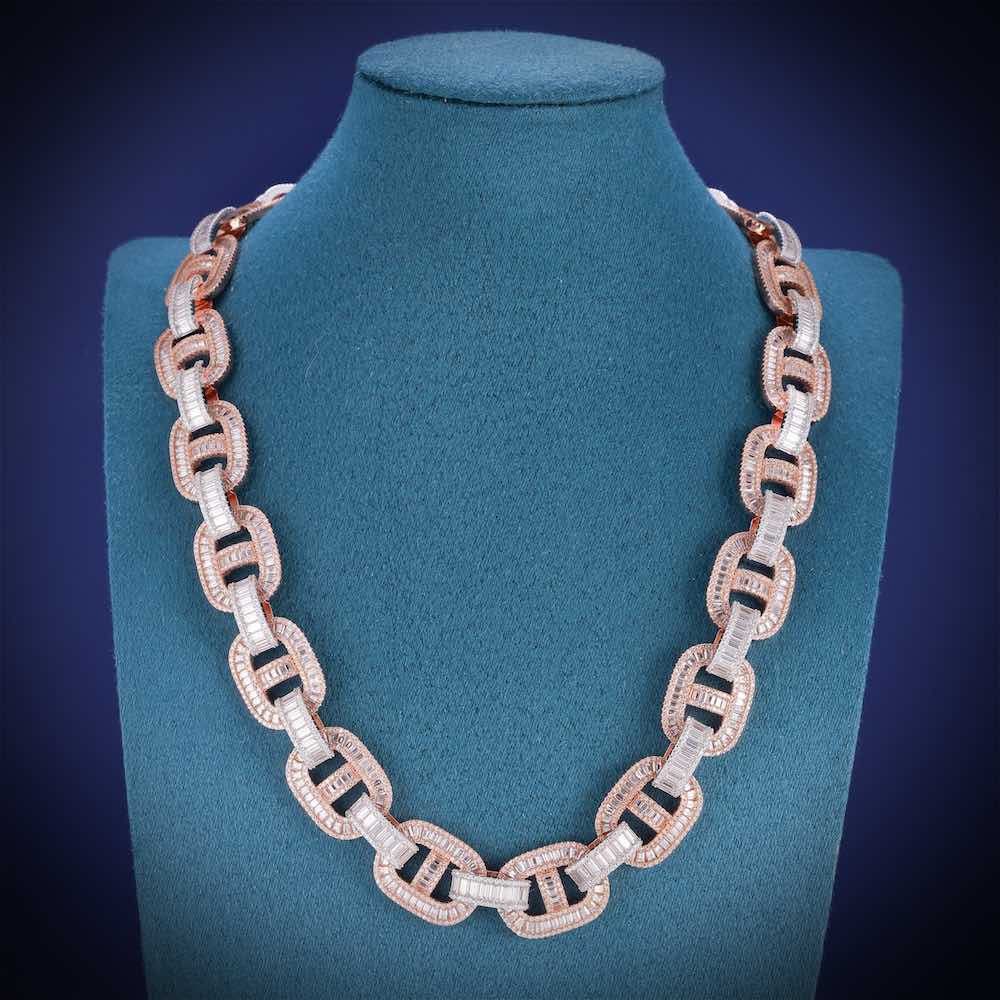 15MM Two Tone Baguette Iced Out Mariner Link Chain 14K Gold