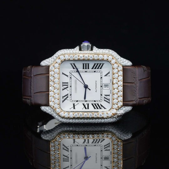 Cartier White Dial With Brown Leather Belt Moissanite Watch