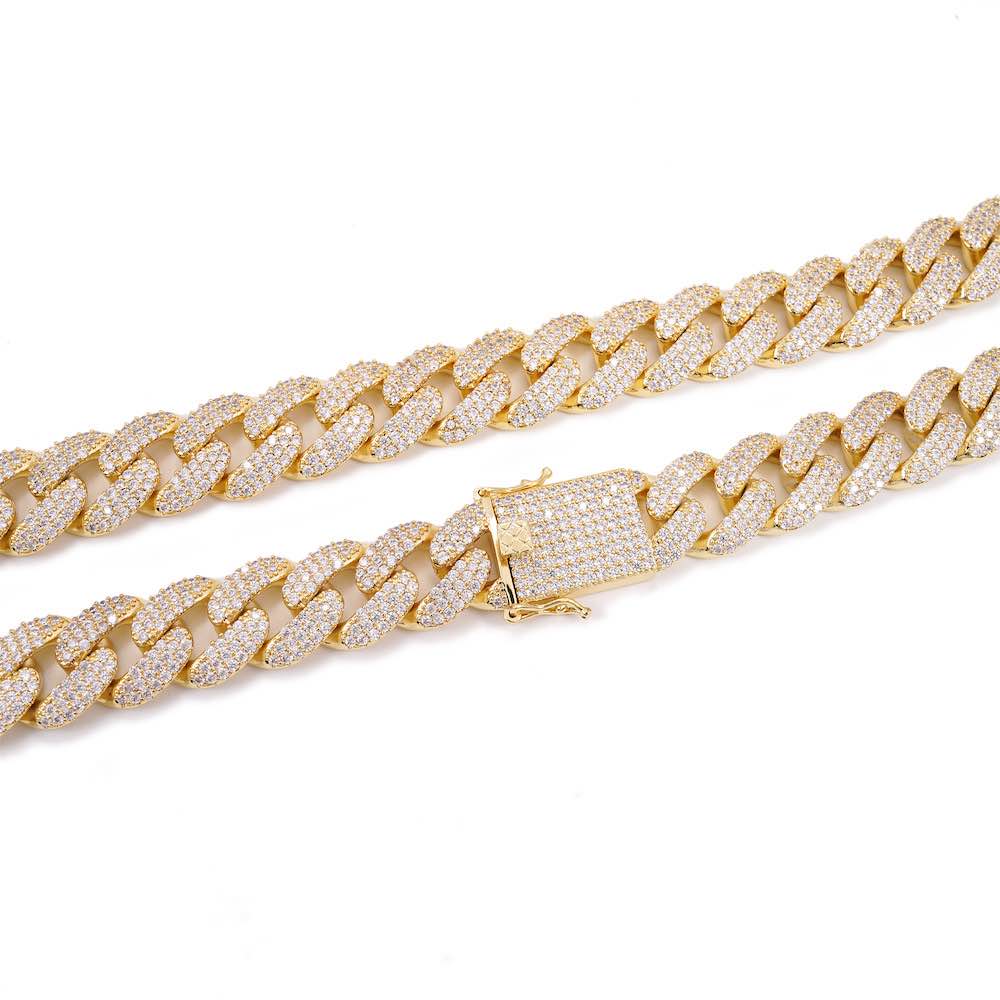 18MM Diamond Cuban Link Chain 14K Solid Yellow Gold