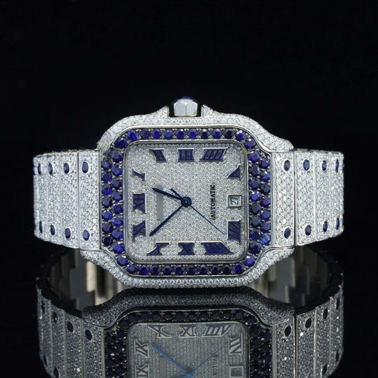 Iced Out Cartier Moissanite Watch Automatic Movement Blue And White For Men