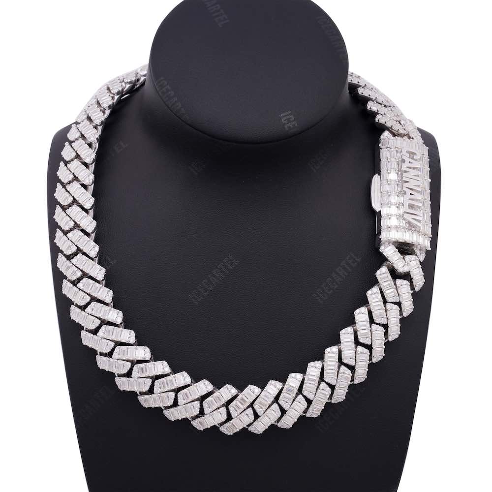 CUSTOM CLASP 20MM Emerald Cut Moissanite Cuban Link Chain 14k Gold