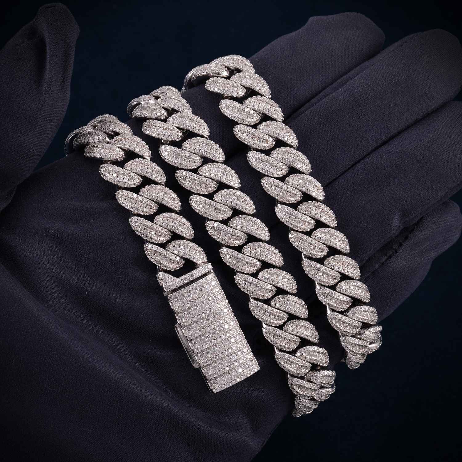 3-Row 13MM Moissanite Miami Cuban Link Chain 14K Gold