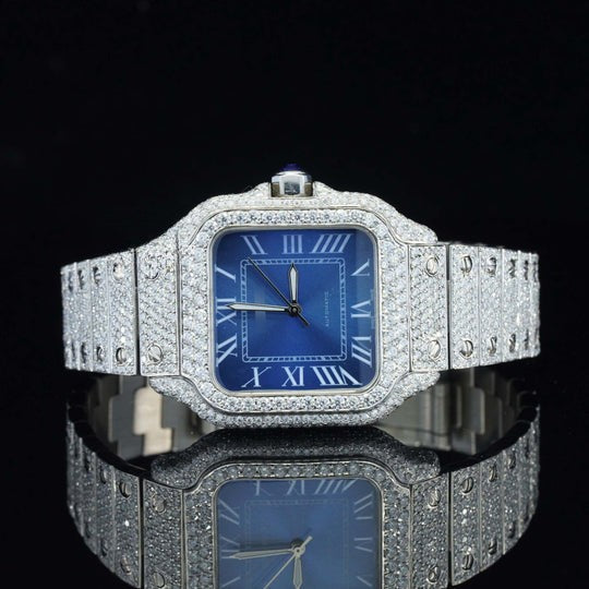 Iced Out Cartier Moissanite Watch Blue Dial Metal Belt Fully Automatic For Men