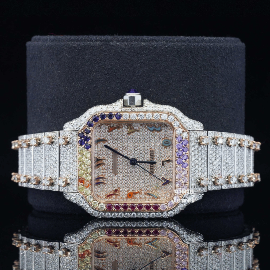 Fully Iced Out Cartier Moissanite Watch With Arabic Number