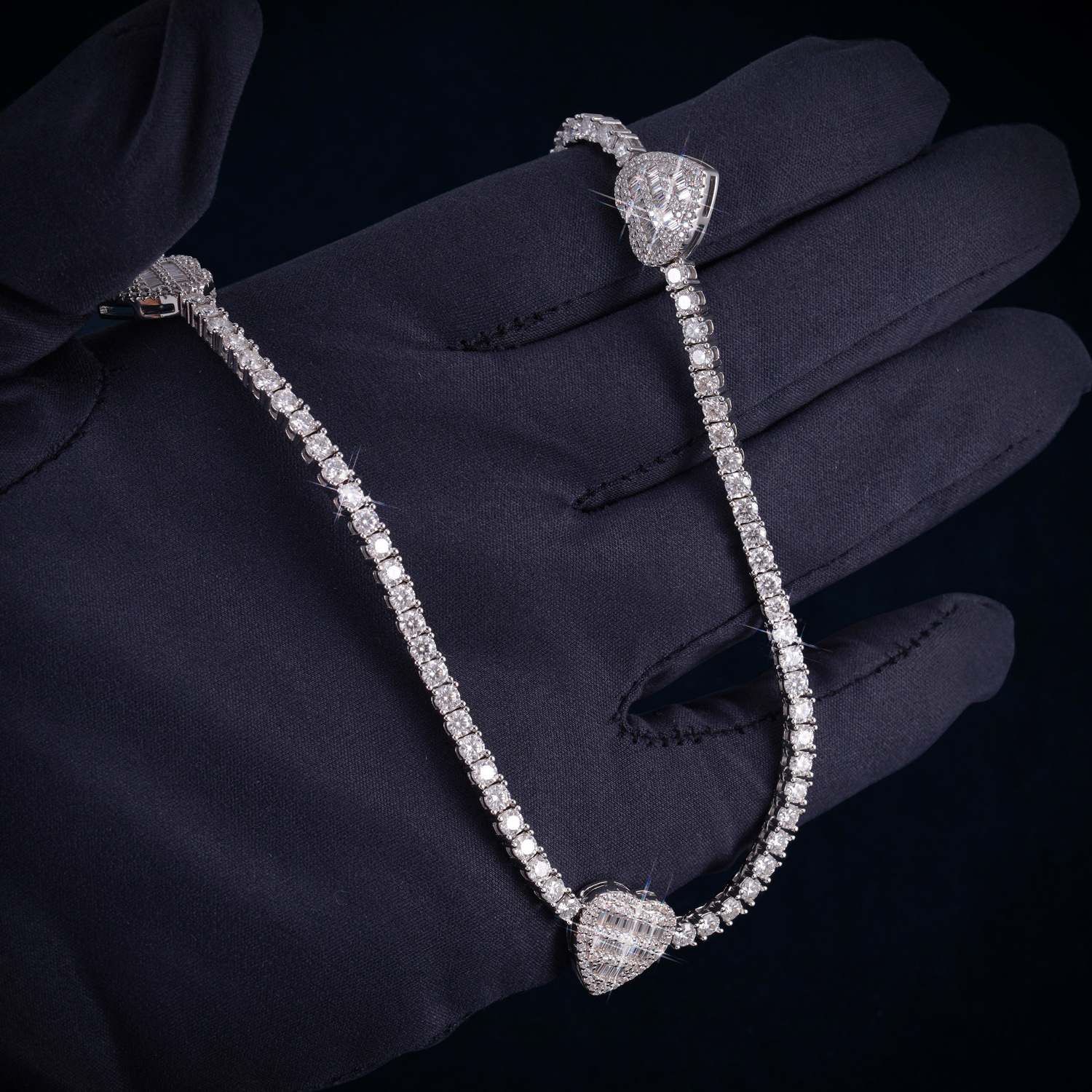 3MM Moissanite Triple Heart Tennis Necklace 14K Gold