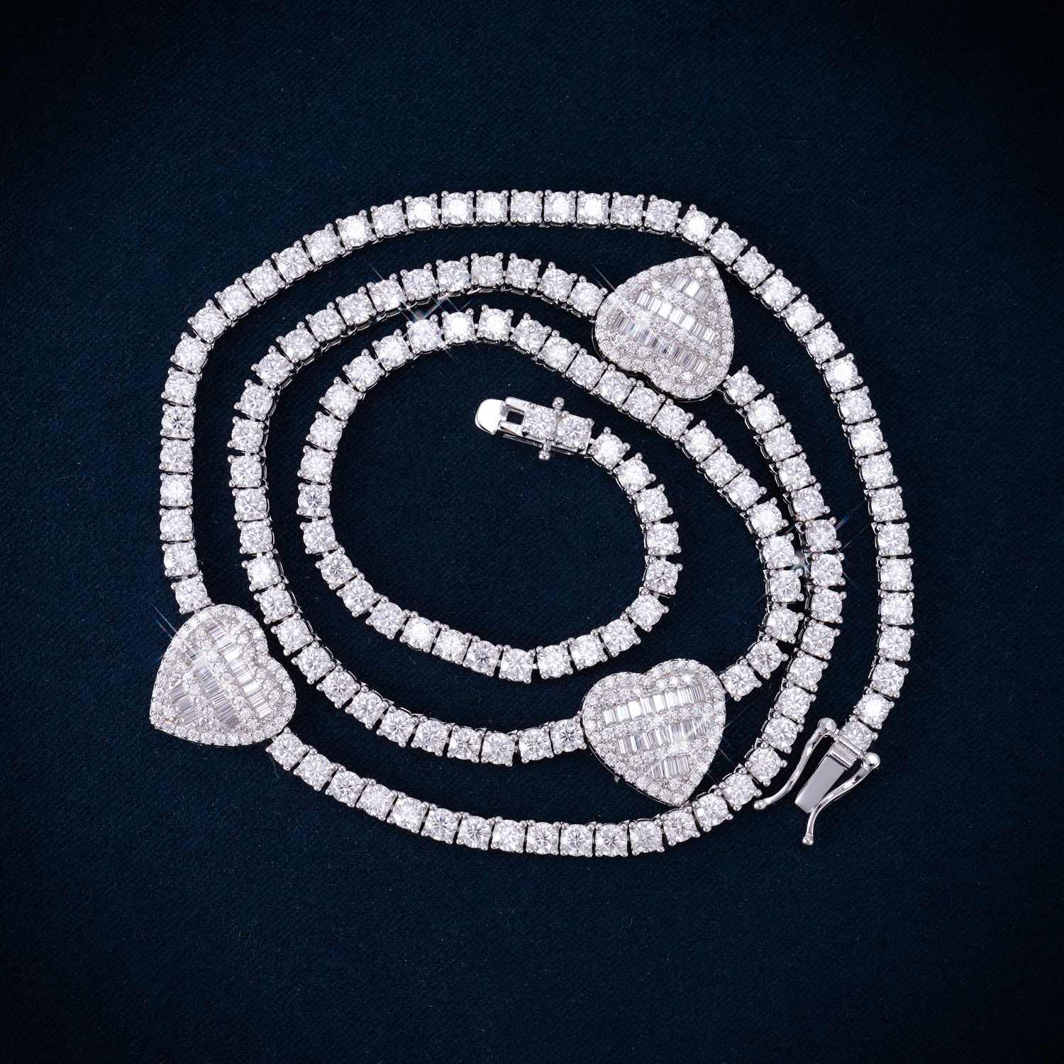 3MM Moissanite Triple Heart Tennis Necklace 14K Gold