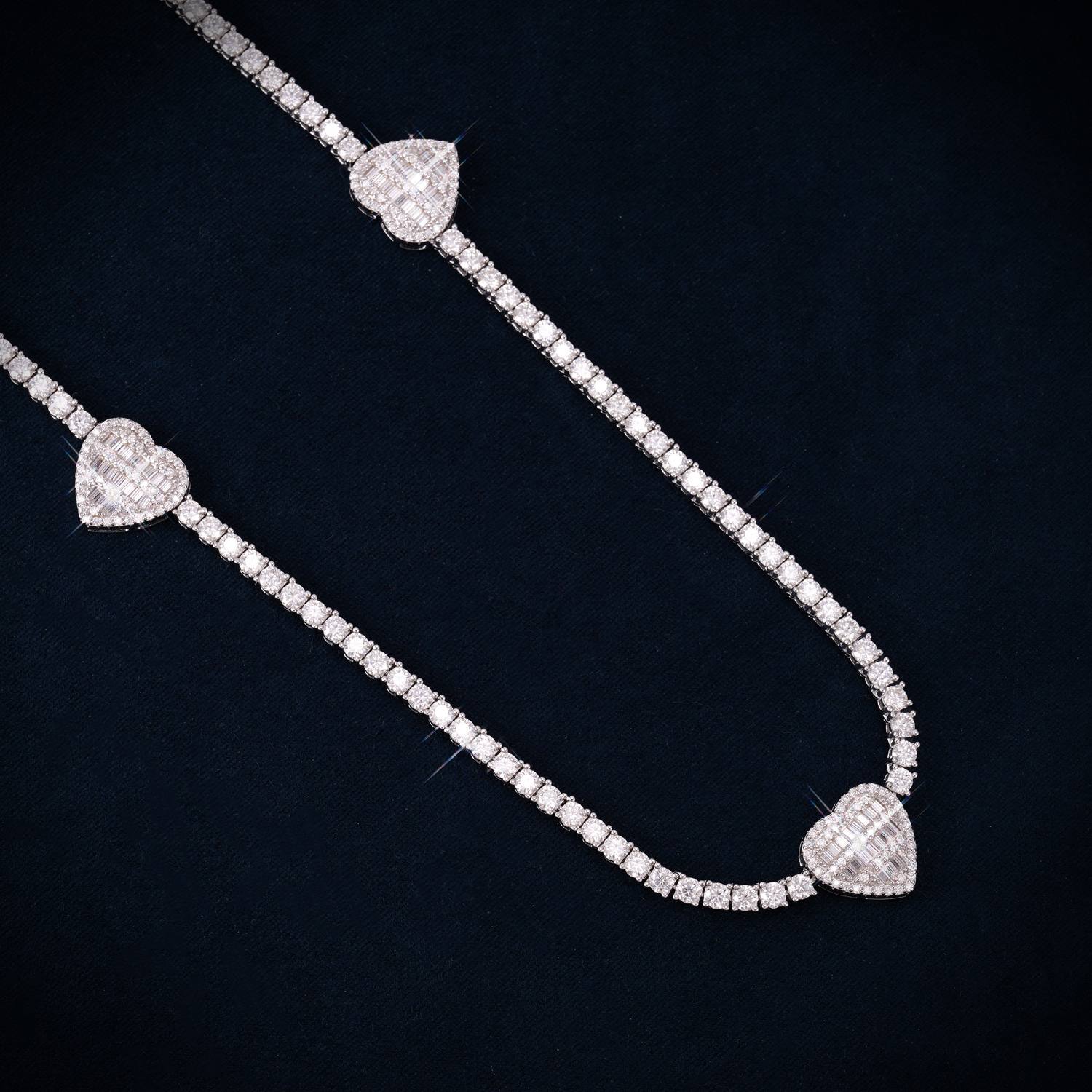 3MM Moissanite Triple Heart Tennis Necklace 14K Gold