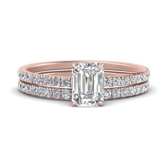 Emerald Shape Moissanite Diamond Hidden Halo Pattern Eternity Ring