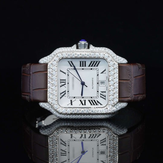Cartier White Dial With Brown Leather Belt Moissanite Watch