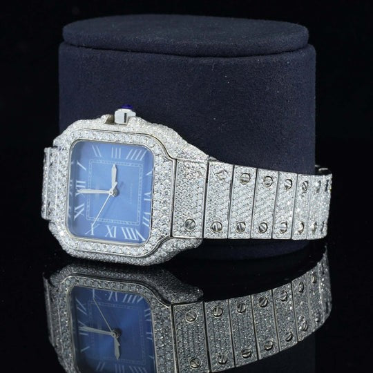 Iced Out Cartier Moissanite Watch Blue Dial Metal Belt Fully Automatic For Men