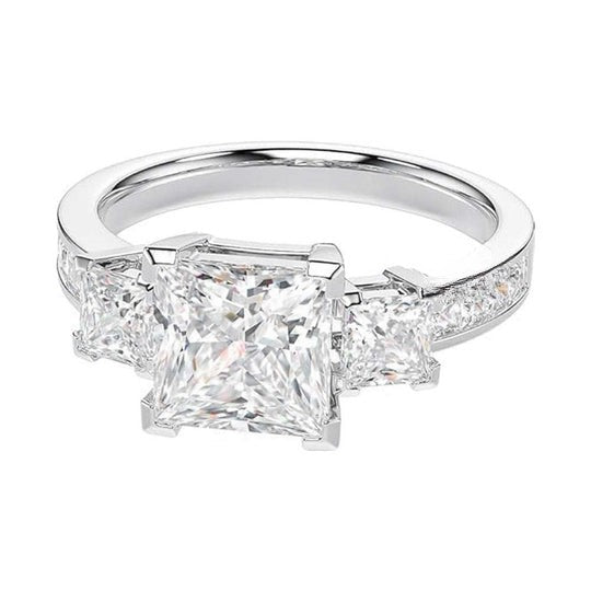 Three Stone and Halo Pattern Princess Cut Moissanite Diamond