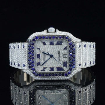 Iced Out Cartier Moissanite Watch Automatic Movement Blue And White For Men