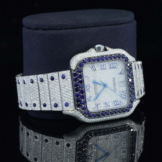 Iced Out Cartier Moissanite Watch Automatic Movement Blue And White For Men
