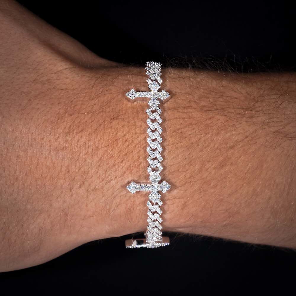 6MM Moissanite Cross Cuban Link Bracelet 14K Gold