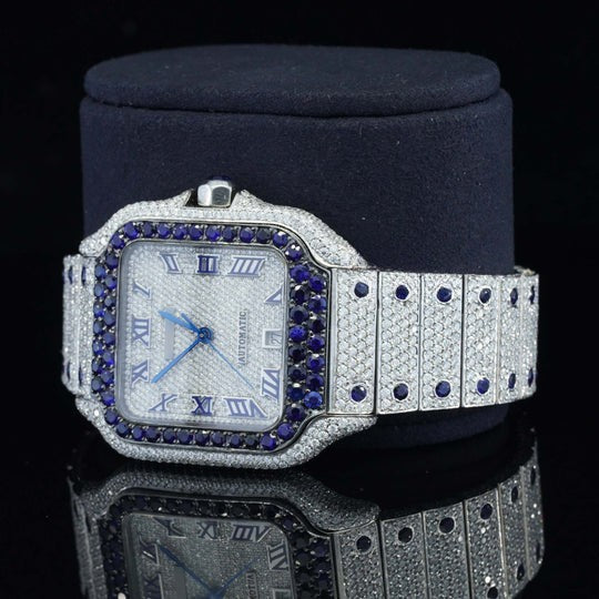 Iced Out Cartier Moissanite Watch Automatic Movement Blue And White For Men
