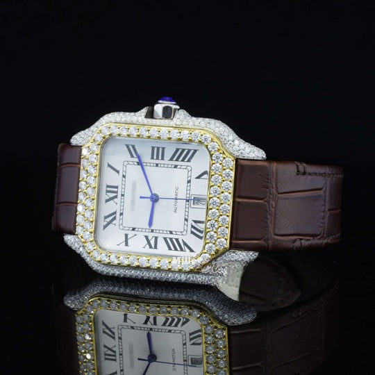 Cartier White Dial With Brown Leather Belt Moissanite Watch