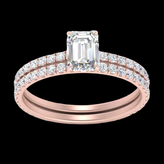 Emerald Shape Moissanite Diamond Hidden Halo Pattern Eternity Ring