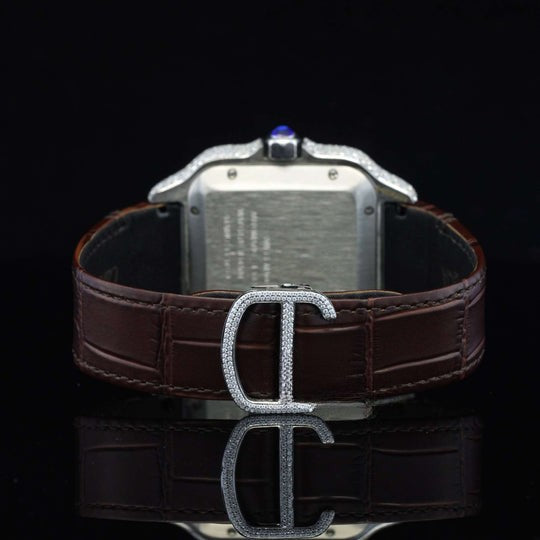 Cartier White Dial With Brown Leather Belt Moissanite Watch
