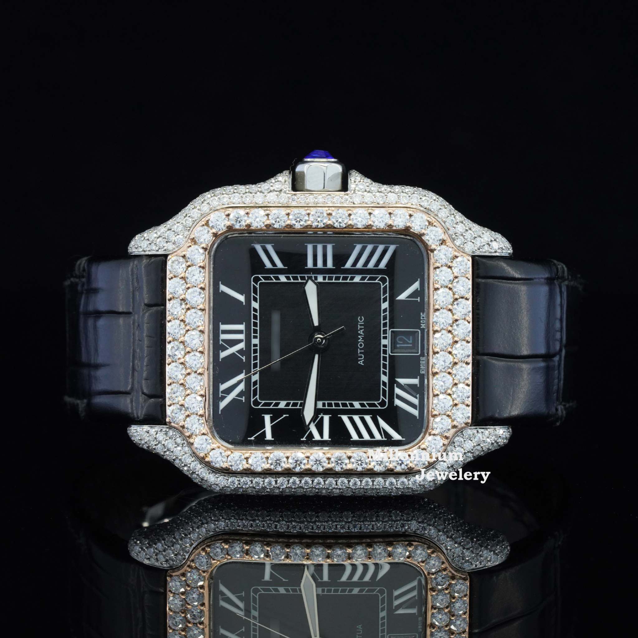 Cartier Black Dial And Leather Belt Moissanite Watch