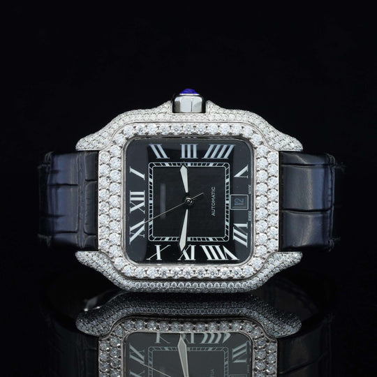 Cartier Black Dial And Leather Belt Moissanite Watch