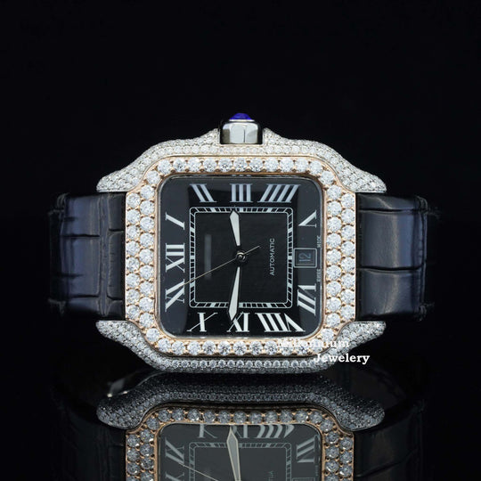 Cartier Black Dial And Leather Belt Moissanite Watch