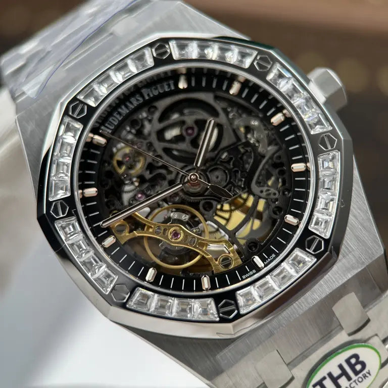 Audemars Piguet Royal Oak Openworked Frosted 15412 Skeleton Dial Bezel Stone Baguette 41mm Super Clone