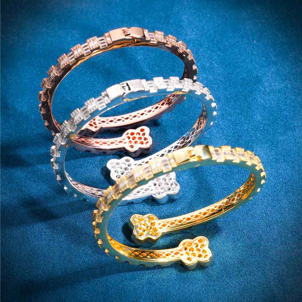 Floral Baguette Moissanite Bangle Bracelet 14K Gold