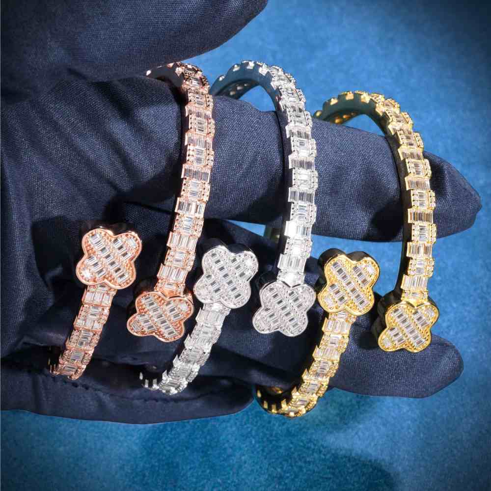 Floral Baguette Moissanite Bangle Bracelet 14K Gold