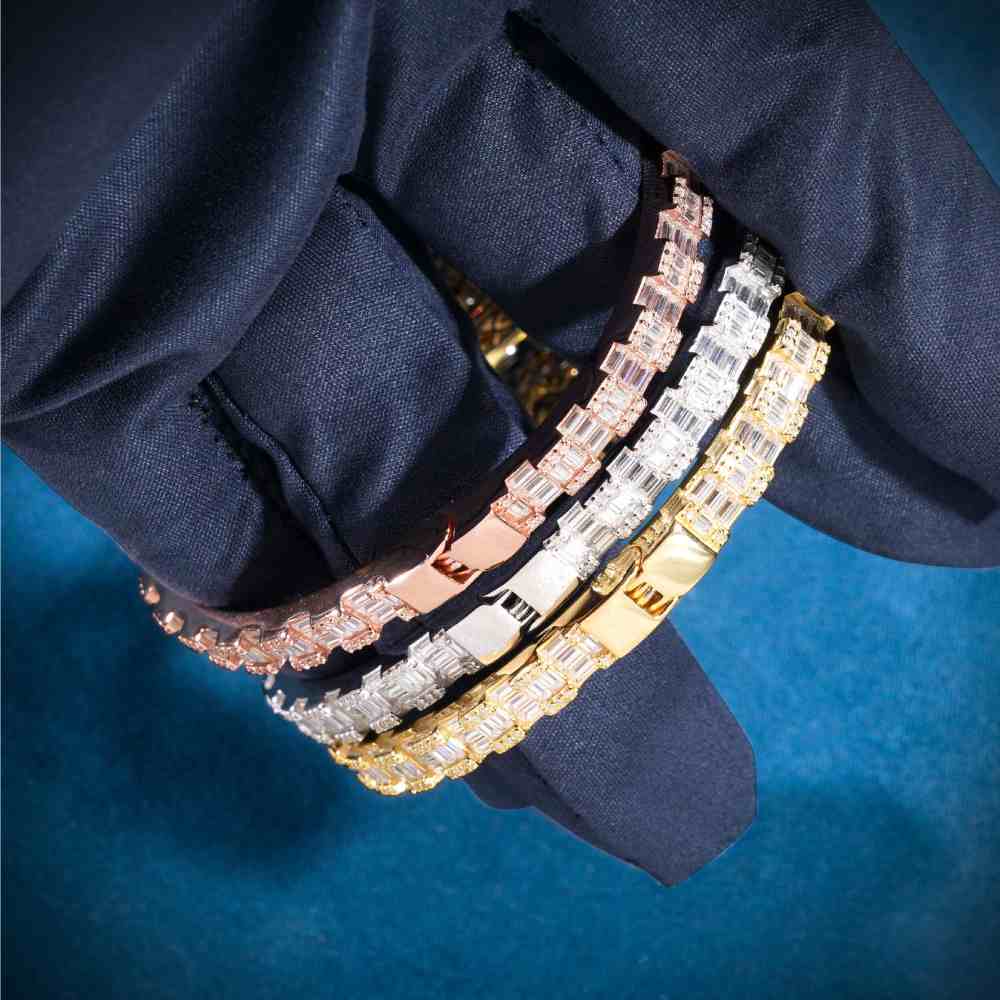 Floral Baguette Moissanite Bangle Bracelet 14K Gold