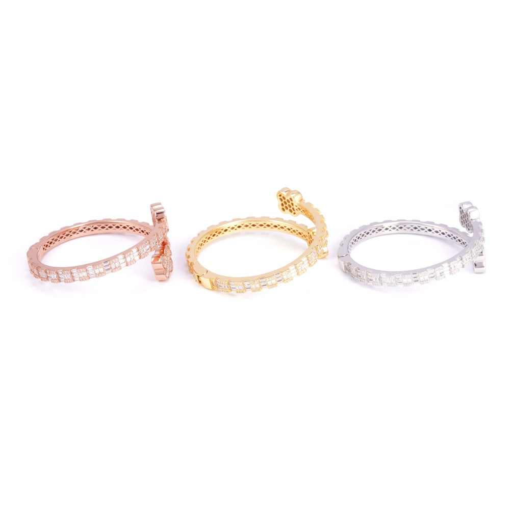 Floral Baguette Moissanite Bangle Bracelet 14K Gold
