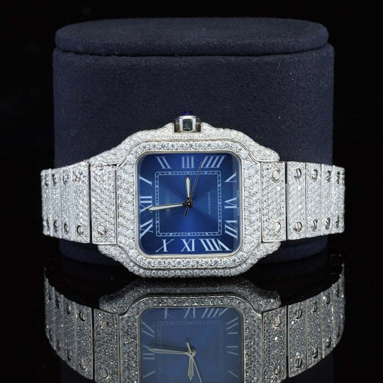 Iced Out Cartier Moissanite Watch Blue Dial Metal Belt Fully Automatic For Men