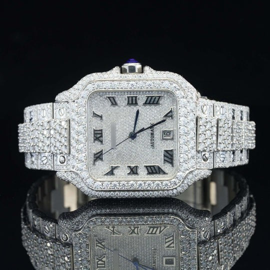 Cartier Roman Number Moissanite Watch Fully Iced Out